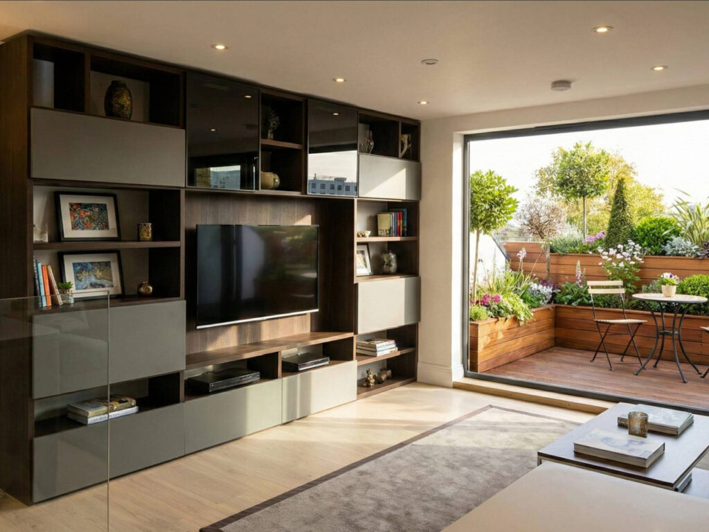 Contemporary living room with bespoke walnut media unit, glass balustrade and bifold doors opening to a landscaped roof terrace, Fulham London