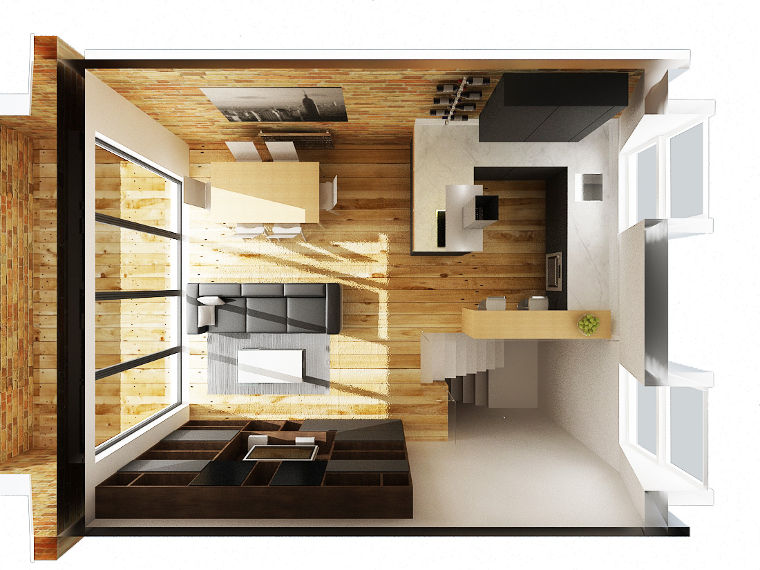 3D visualization of the dining area with bespoke storage wall and full-height glazing during the design stage, Fulham London