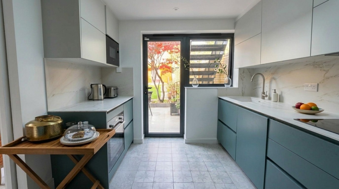 Bespoke galley kitchen with petrol blue and white cabinetry, marble worktop and patterned star tile flooring in a whole house renovation, Islington London