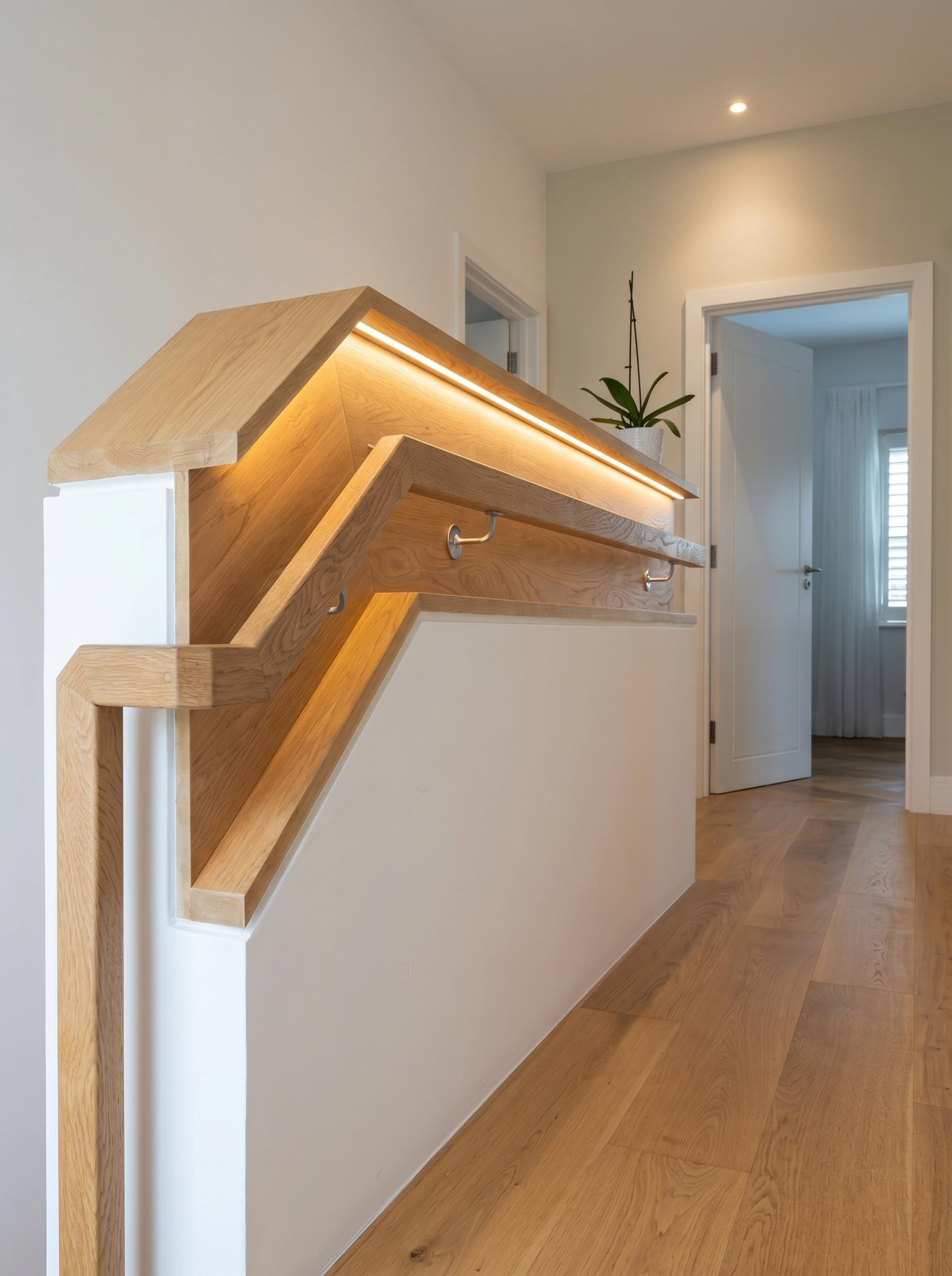Detail of a sculpted solid oak handrail with integrated LED lighting and bespoke coat hooks on the upper landing, Islington London