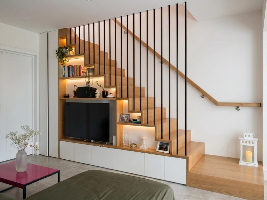 Bespoke oak staircase with black vertical balustrade and integrated joinery storage wall featuring TV, shelving and recessed LED lighting, Islington London