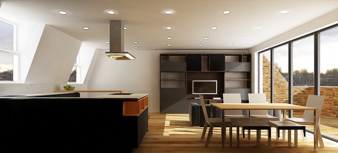 3D visualization of the dining area with bespoke storage wall and full-height glazing during the design stage, Fulham London