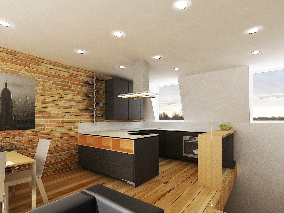 3D render of the bespoke kitchen design with exposed brick wall and dark cabinetry during the design development stage, Fulham London