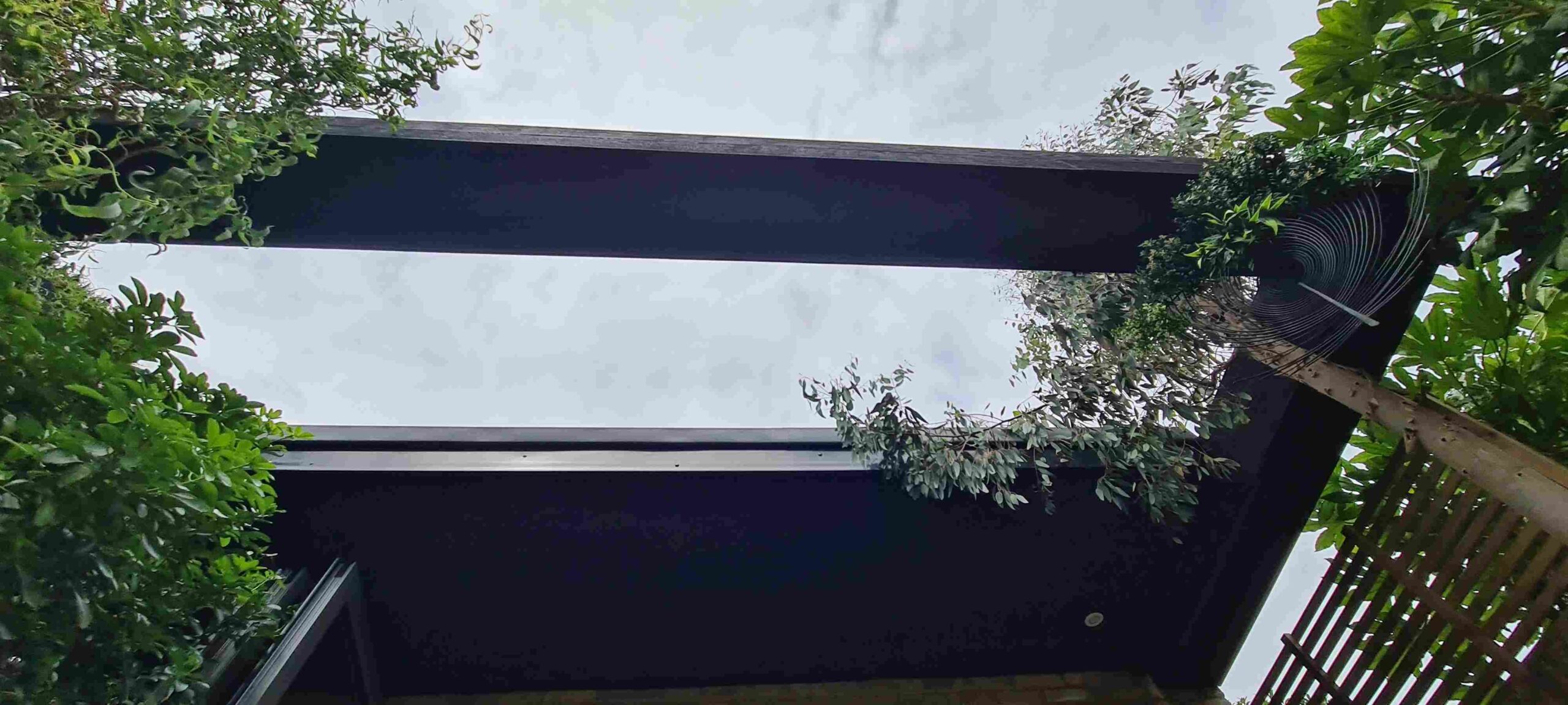 Contemporary garden room exterior nestled among mature planting and climbers, with cantilevered black timber roof, London stock brick walls and bifold doors open to the lounge, London
