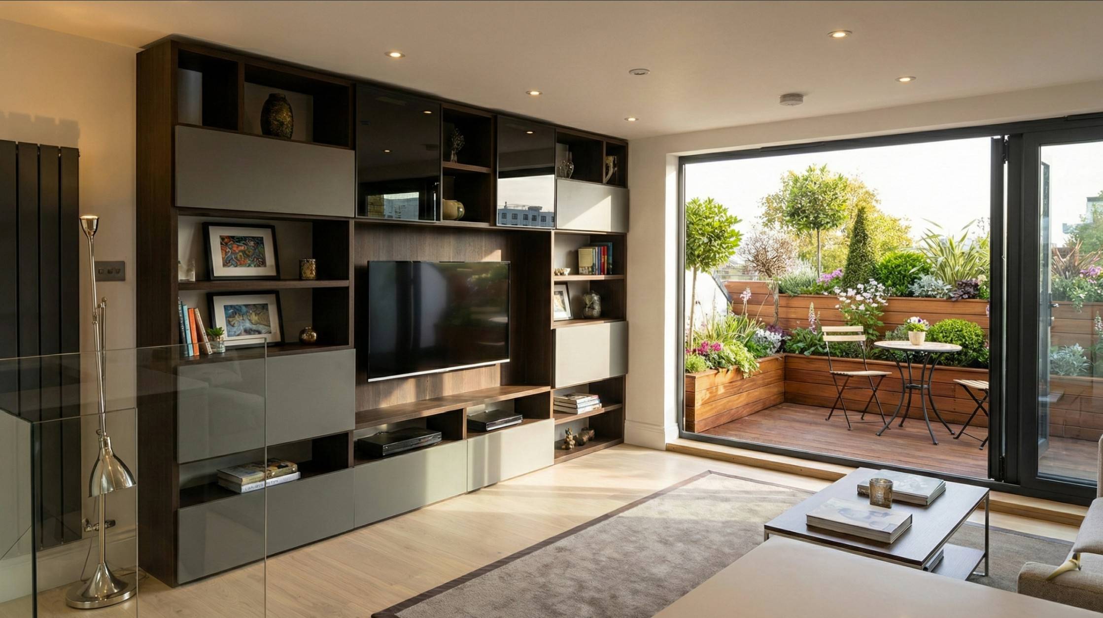 Contemporary living room with bespoke walnut media unit, glass balustrade and bifold doors opening to a landscaped roof terrace, Fulham London
