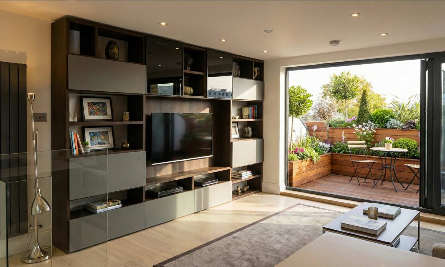 Contemporary living room with bespoke walnut media unit, glass balustrade and bifold doors opening to a landscaped roof terrace, Fulham London